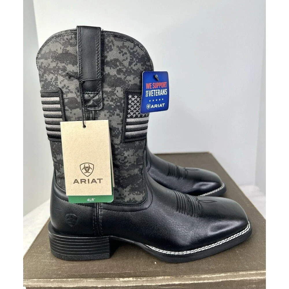 ARIAT Sport Patriot Square Toe Cowboy Boots Mens Size 8.5 D Black Camo Flag New